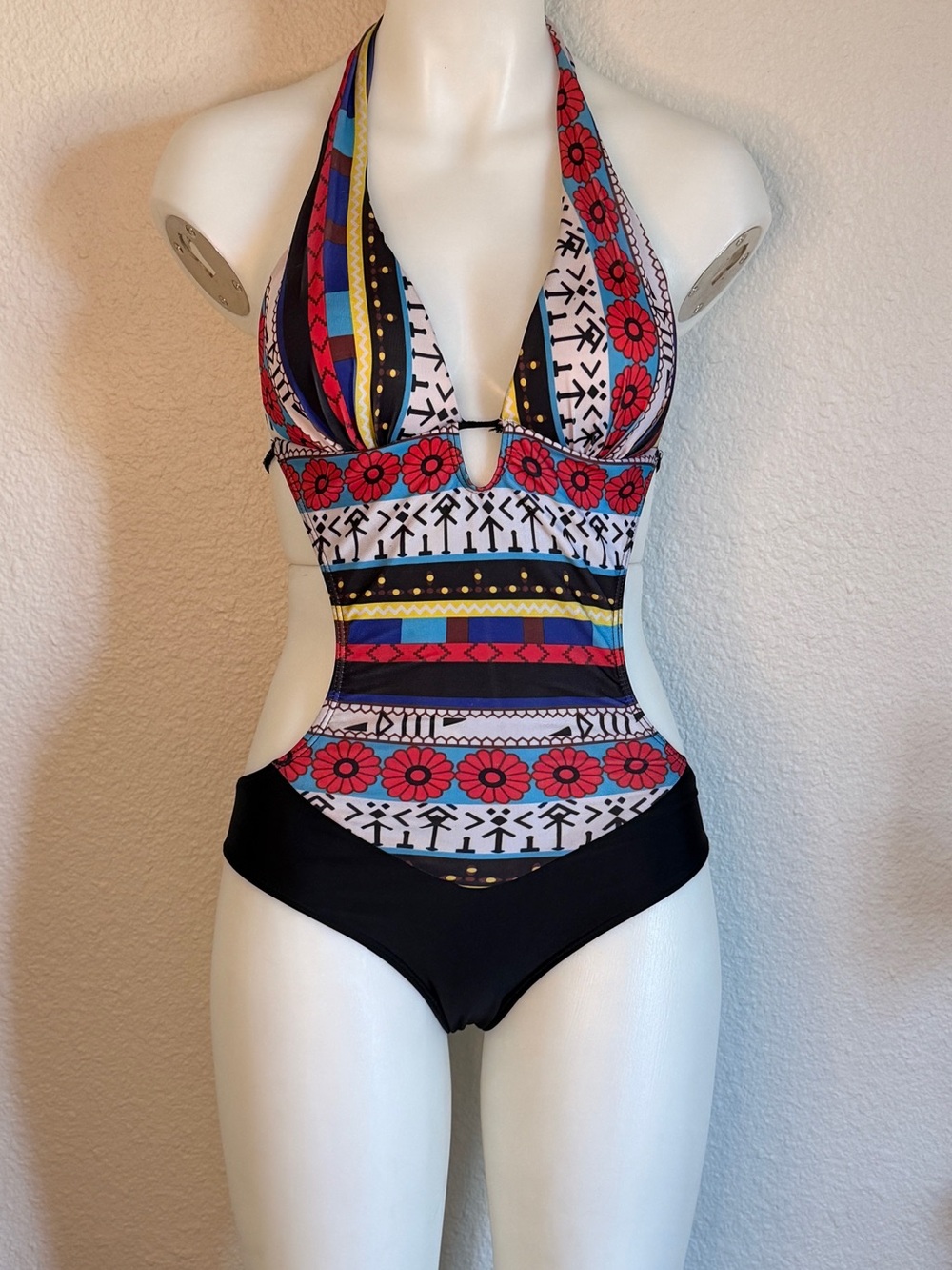 VENUS Halter One-Piece Swimsuit with Red Floral & Multicolor Stripes